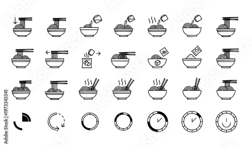 Cooking and Food Preparation Icon Set with Mixing, Heating, Ingredient Adding, Stirring, Serving and Timer Progress Symbols for Kitchen and Recipe Design