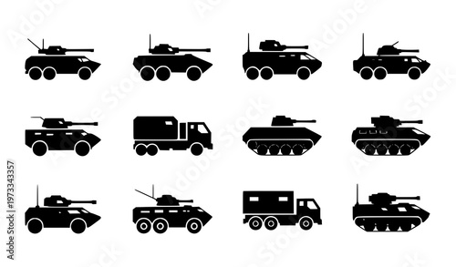 Military Armored Vehicle Silhouette Icon Set Featuring Tanks, Combat Trucks, and Tactical Transport Units for Army, Defense, and Warfare Vector Design