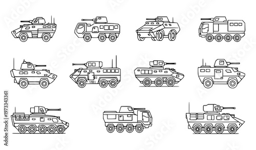 Armored Military Vehicle Vector Icon Set Featuring Tanks, Combat Trucks, and Tactical Transport Units for Army, Defense, and Warfare Design Projects