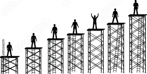 Business growth concept illustration showing people standing on rising scaffolding platforms symbolizing success progress achievement leadership ambition and career development