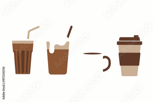 Illustrated coffee drinks with different serving styles and containers