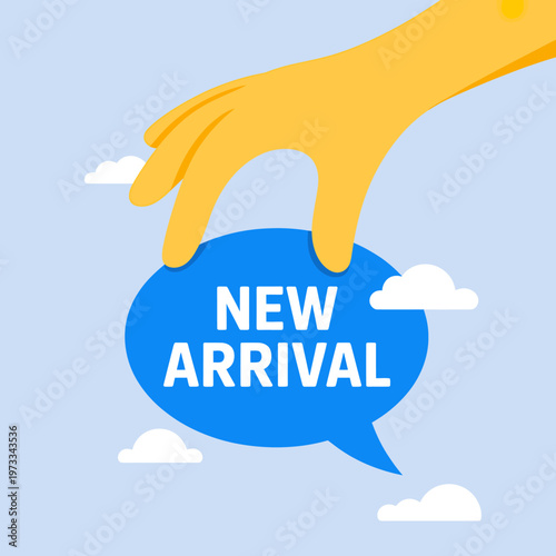 Hand Pointing Down At New Arrival Speech Bubble Graphic Design