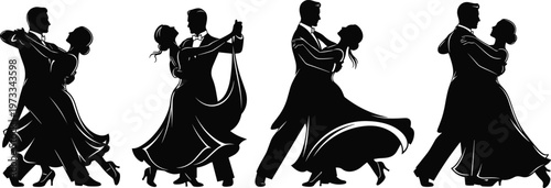 Ballroom dance couple silhouettes set elegant waltz dancers in formal attire romantic movement vector illustration isolated classic performance collection