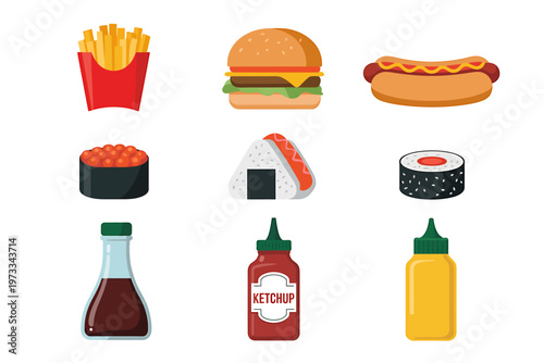 Colorful flat design icons of popular fast food items and condiments