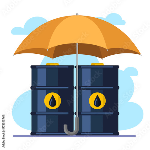 Two oil barrels protected by large orange umbrella illustration