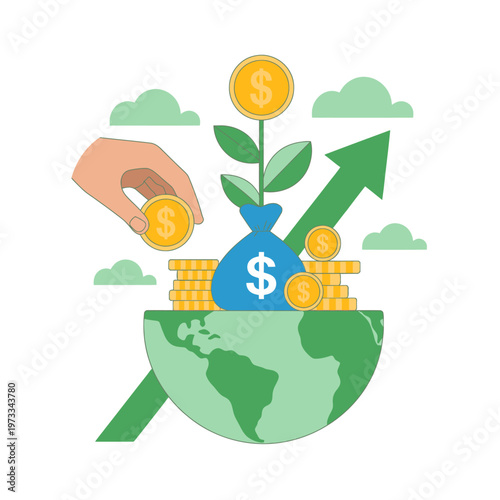 Illustration of global investment growth with money and plant symbolism