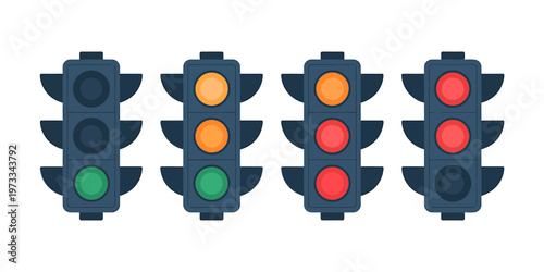 Four traffic lights showing different signal combinations for road safety illustration