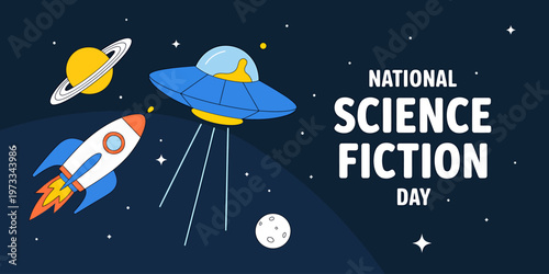 Illustration celebrating National Science Fiction Day with space elements