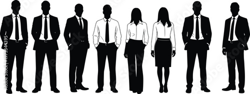Business team silhouette illustration, diverse corporate professionals standing together, men and women in formal attire, teamwork unity concept vector design