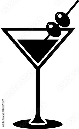 Martini cocktail glass with olives on a pick with black and white with mixed drink with cocktail party