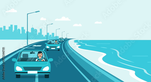 Cars driving on coastal highway with city skyline and ocean waves