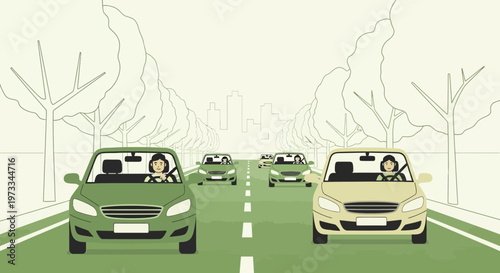 Cars driving on road, city skyline, trees, traffic, transportation, travel, urban scene