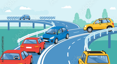 Cars on a busy highway interchange, traffic flow, transportation and travel concept