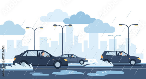Cars driving through flooded street during heavy rain, urban cityscape background