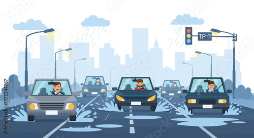 Cars driving through heavy rain and puddles on a city street with traffic lights