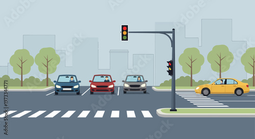 Cars waiting at traffic light intersection with crosswalk, city background