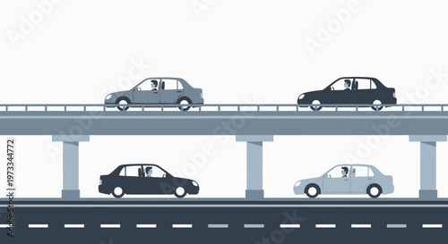 Cars on multiple levels of highway overpass, traffic flow, urban transport infrastructure