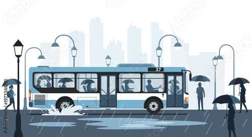 City bus driving through rain puddles, passengers with umbrellas on street