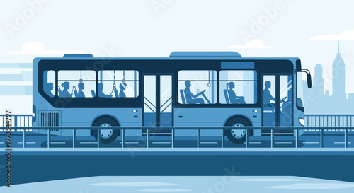 City bus with passengers driving on a bridge over water, urban commute concept