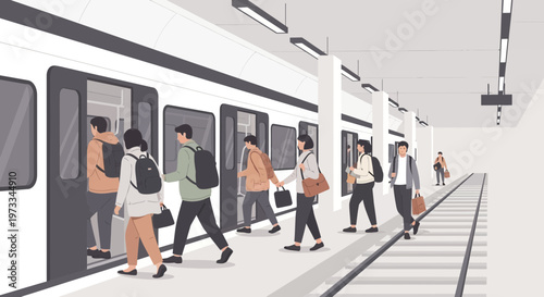Commuters boarding a modern subway train at a bustling station platform