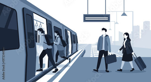 Commuters boarding a train at a modern station, urban lifestyle, public transport concept