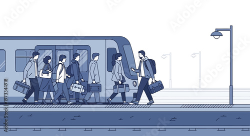 Commuters Boarding Train at Station Platform, People with Luggage, Urban Travel