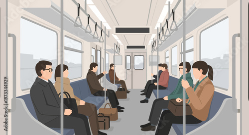Commuters traveling in a modern subway train, seated passengers, urban transport, daily commute