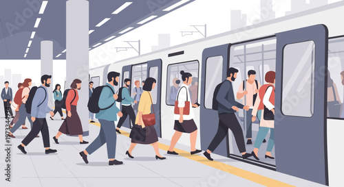 Commuters boarding and alighting a modern train at a busy station platform