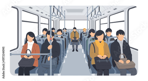 Commuters traveling inside a modern public bus, seated passengers during commute