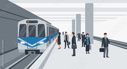 Commuters waiting for subway train on modern station platform, urban transport concept