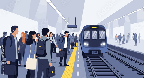 Commuters waiting for subway train on platform, modern transportation, urban lifestyle