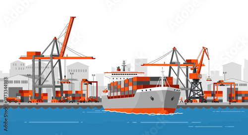 Container ship at industrial port with cranes loading cargo, logistics and shipping concept