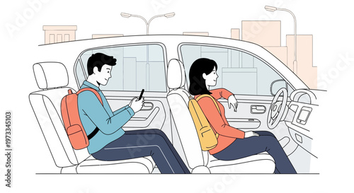 Couple in car, man using phone, woman driving, city background, travel concept