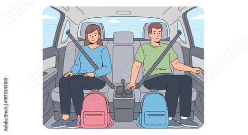 Couple in Car Backseat with Backpacks, Traveling Safely with Seatbelts