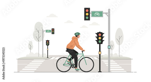 Cyclist at traffic lights, urban street, safe cycling, city transport, crosswalk