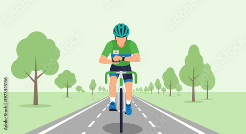 Cyclist checking smartwatch on road with trees and green background