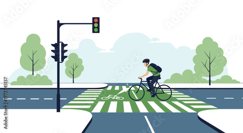 Cyclist crossing a street on a dedicated bike lane with traffic lights and crosswalk