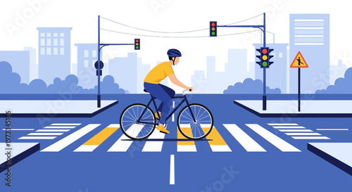 Cyclist crossing pedestrian street crossing with traffic lights in city
