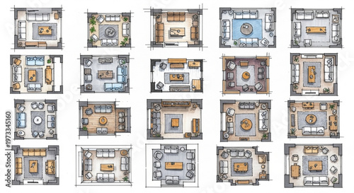 Living Room Layout Interior Design Color Pencil Illustration Contemporary Furniture Arrangement Concept Sketch