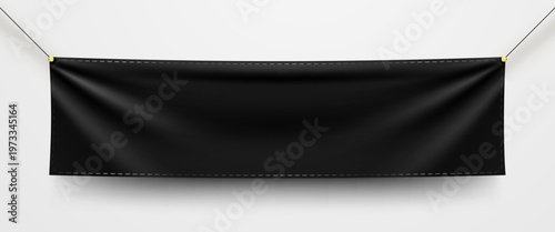 Blank black banner mockup hanging on a rope against a clean white wall, ready for custom text or graphics. Vector illustration