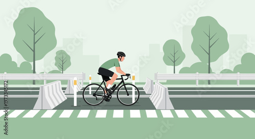 Cyclist on a dedicated bike lane with traffic barriers, urban cycling, healthy lifestyle