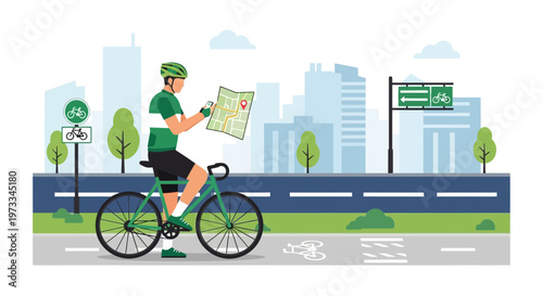 Cyclist navigating city bike path with map, urban cycling route, eco-friendly transport
