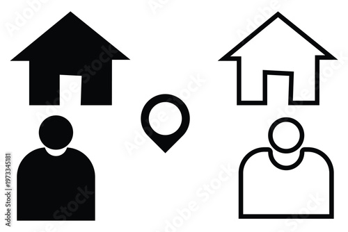 Minimalist house and person icon set, black silhouette and outline real estate symbols, home location pin vector graphics for web design