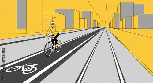 Cyclist on dedicated bike lane in modern city with yellow buildings and grey sky
