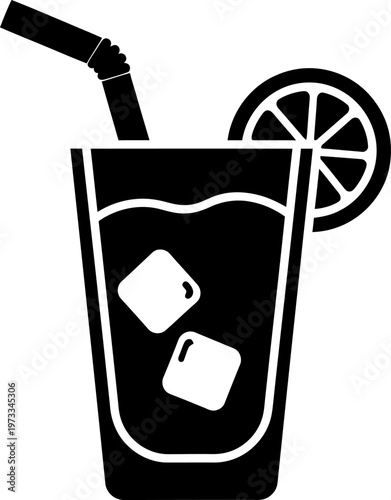 Silhouette of a tall glass with ice cubes, straw, and lemon slice, food and drink, non alcoholic