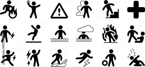 Set of black and white pictograms depicting people in various situations