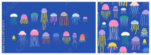 Colorful jellyfish pattern set. Summer marine animal decoration collection. Vacation travel surface design element bundle. Tropical beach flat cartoon backdrop illustration.