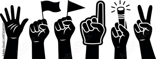 Set of black silhouette hands making different gestures isolated on white background