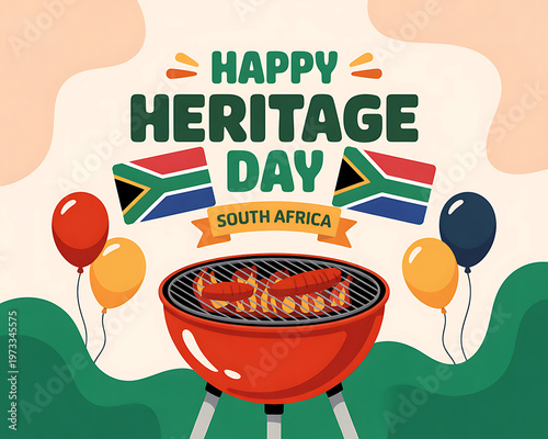 Happy heritage day south africa celebration with barbecue and balloons on colorful background