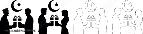 Silhouette of people giving and receiving gifts under crescent moon and star  Ramadan celebration icons